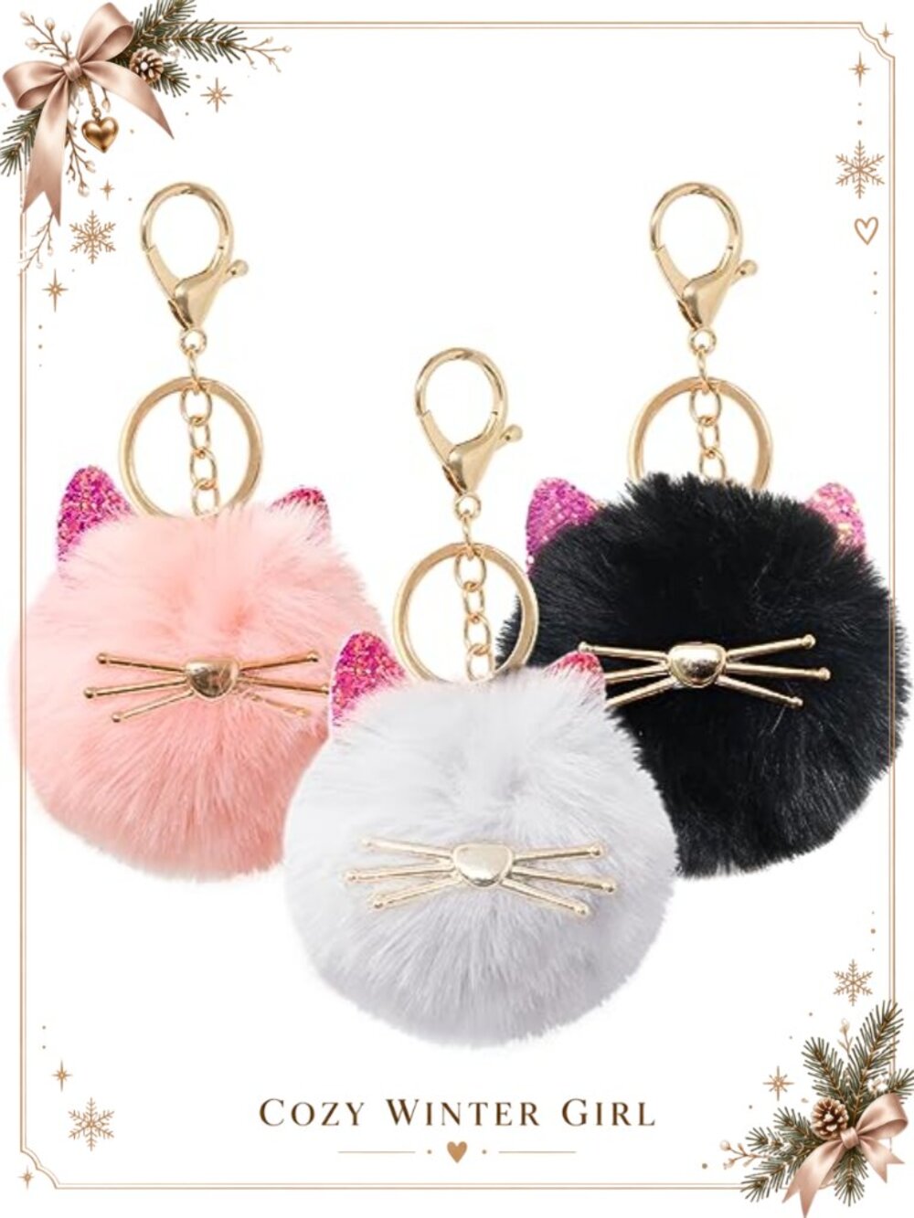 3PCS Fluffy Cat Keychain Set Faux Rabbit Fur Pom Pom Keyring Purse Charm